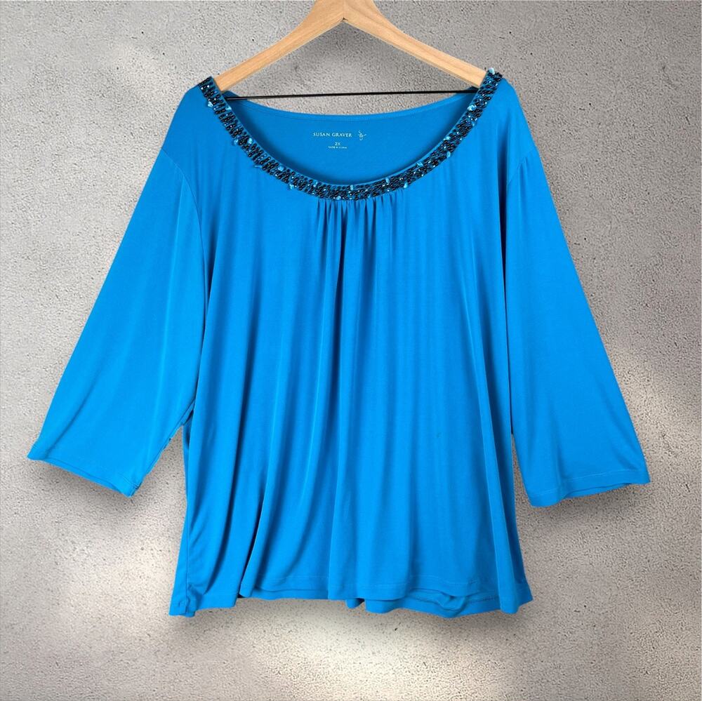Susan Graver Beaded Tunic Blouse Women's 2X Blue Liquid Knit Lagenlook Bohemian